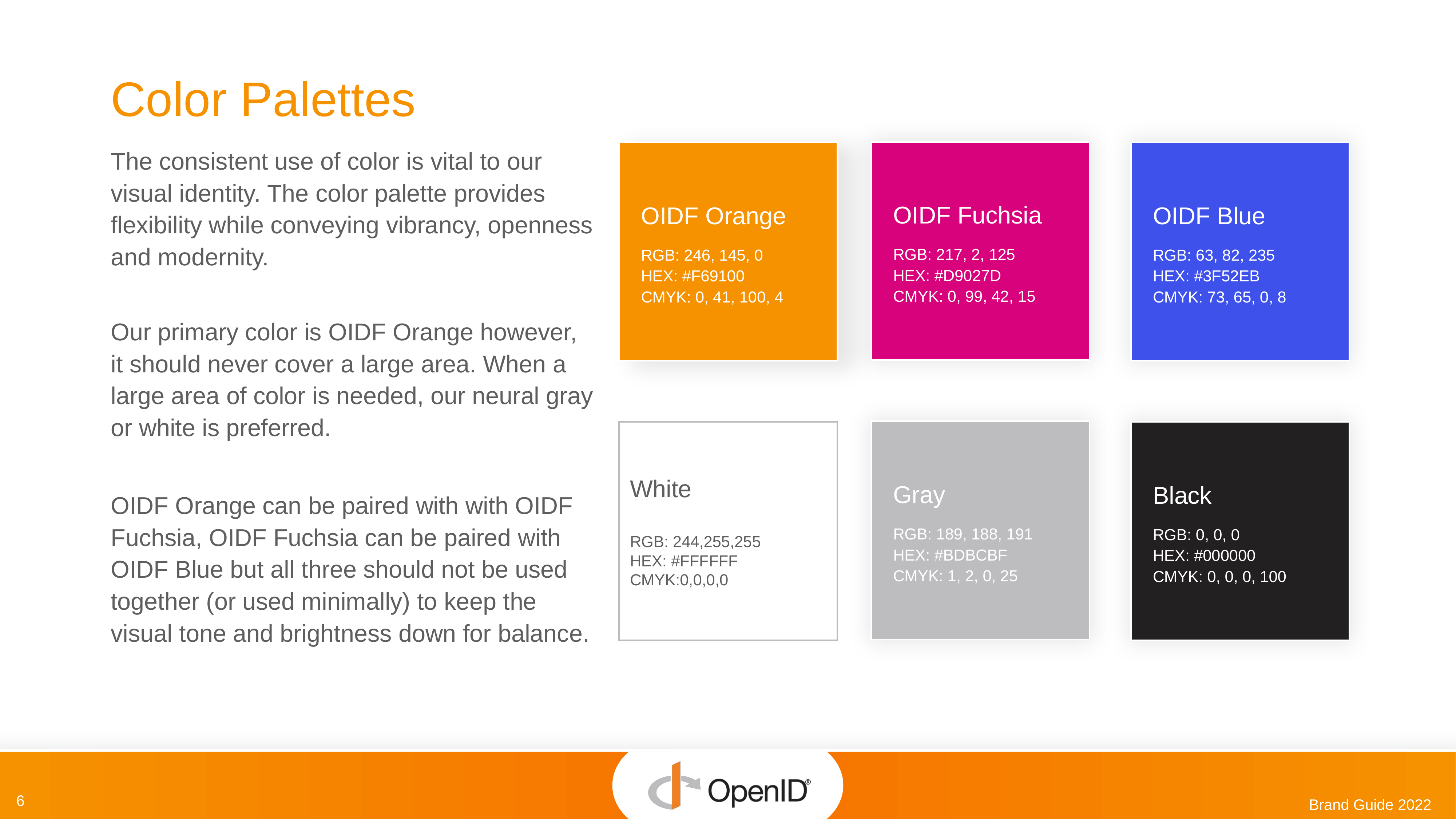 The 2022 OpenID brand guide, colour palettes slide