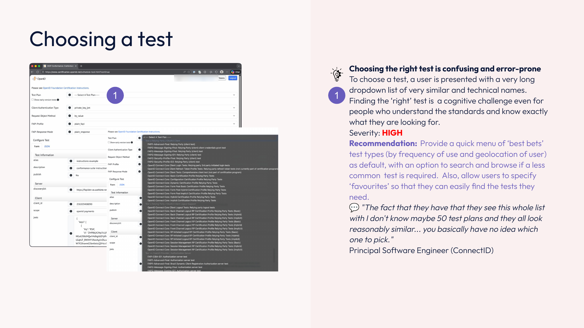 Report page: Choosing a test. The dropdown of test plans. Finding: choosing the right test is confusing and error-prone. Severity high.
