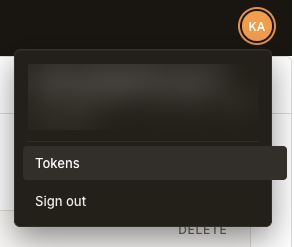 The account menu: the Tokens item overflows the menu