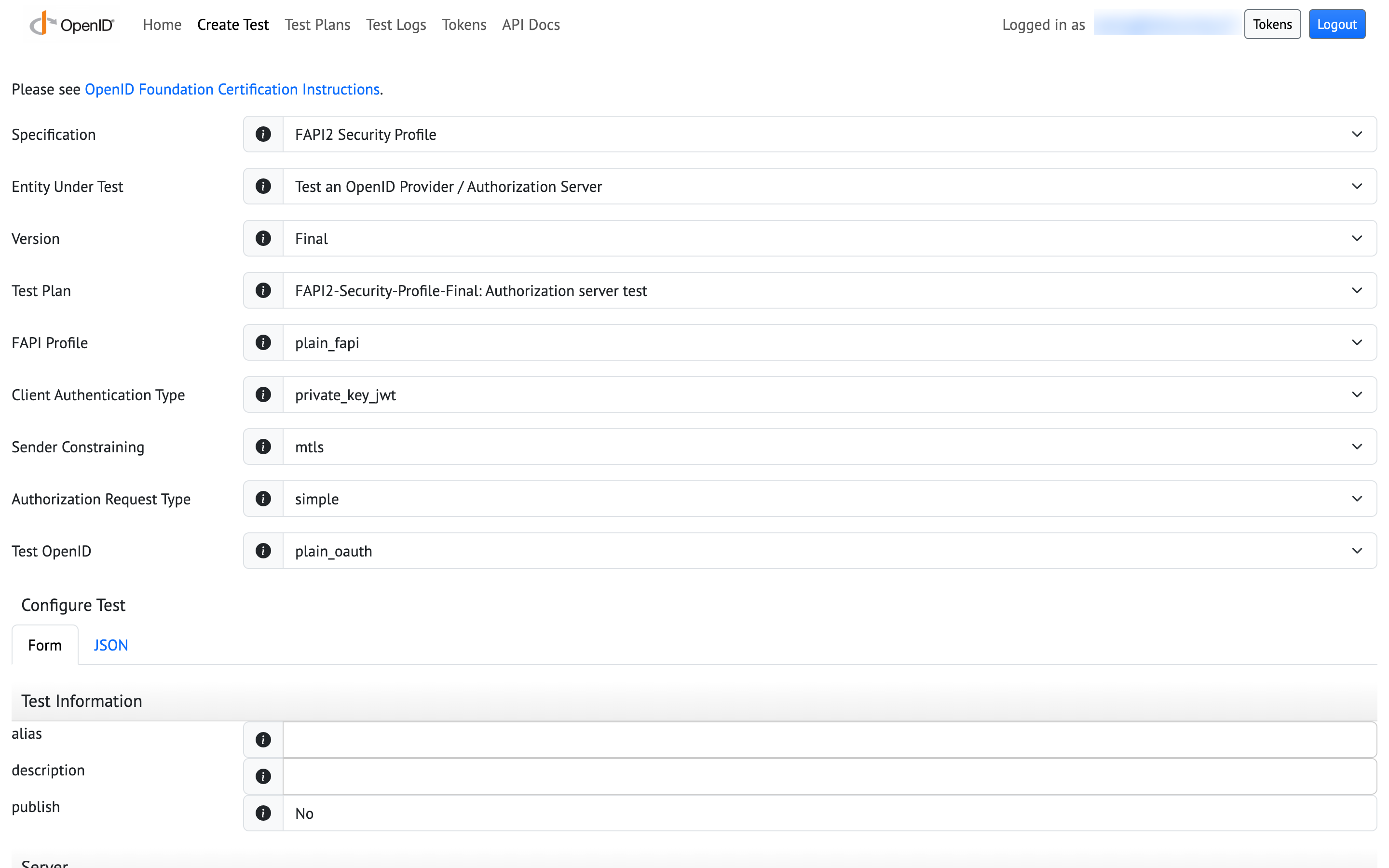 The old Create Test page: nine dropdowns, then a form of empty boxes