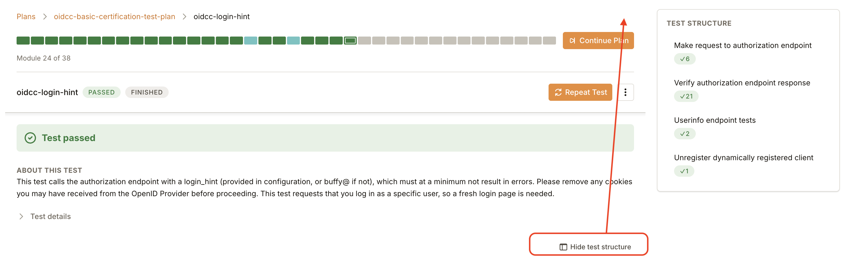 A test page screenshot with a red arrow from the Hide test structure link up to the orange Continue Plan button