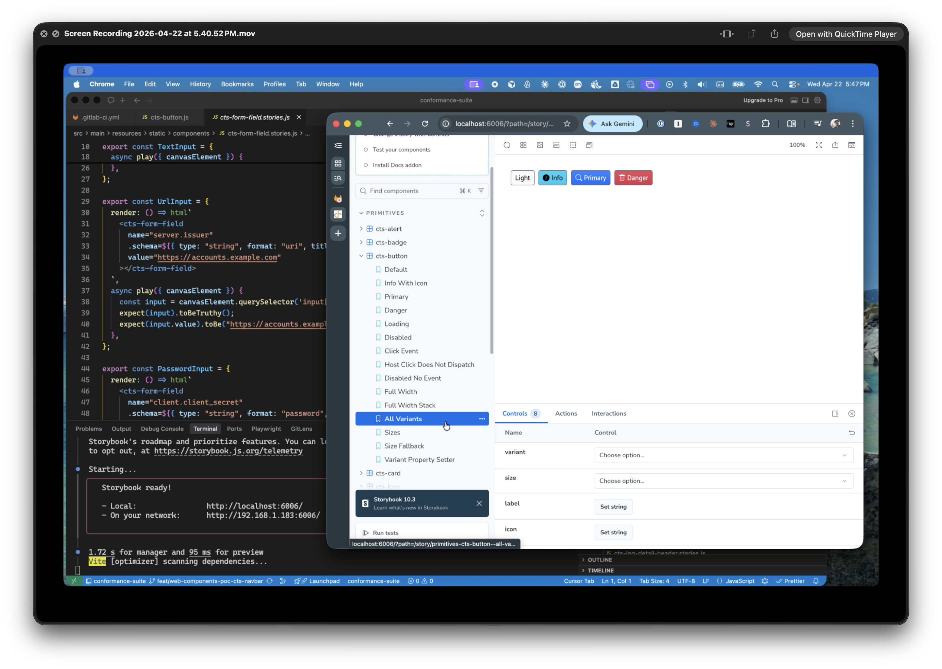 April 22: Storybook running next to the code, the old components turned into a library, still in Bootstrap colours