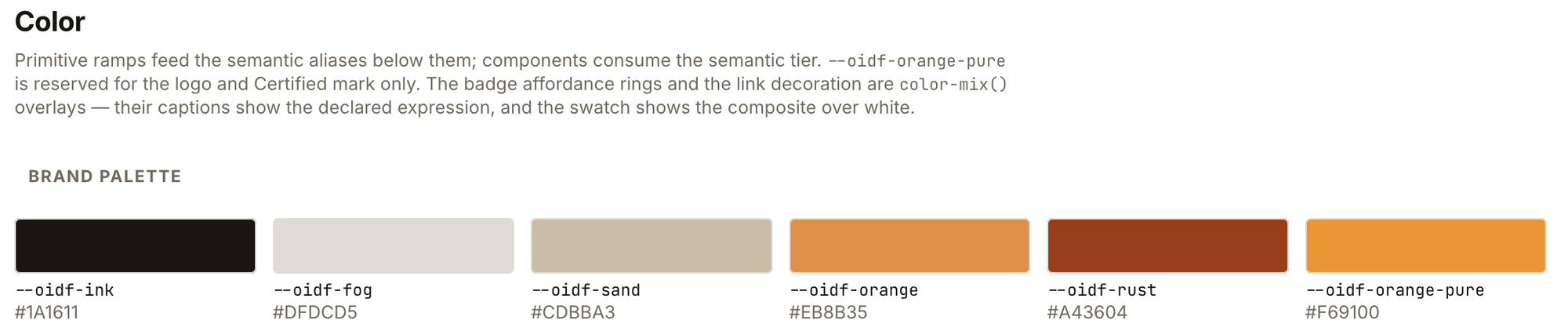 Storybook tokens page: the brand palette, with a note on orange-pure