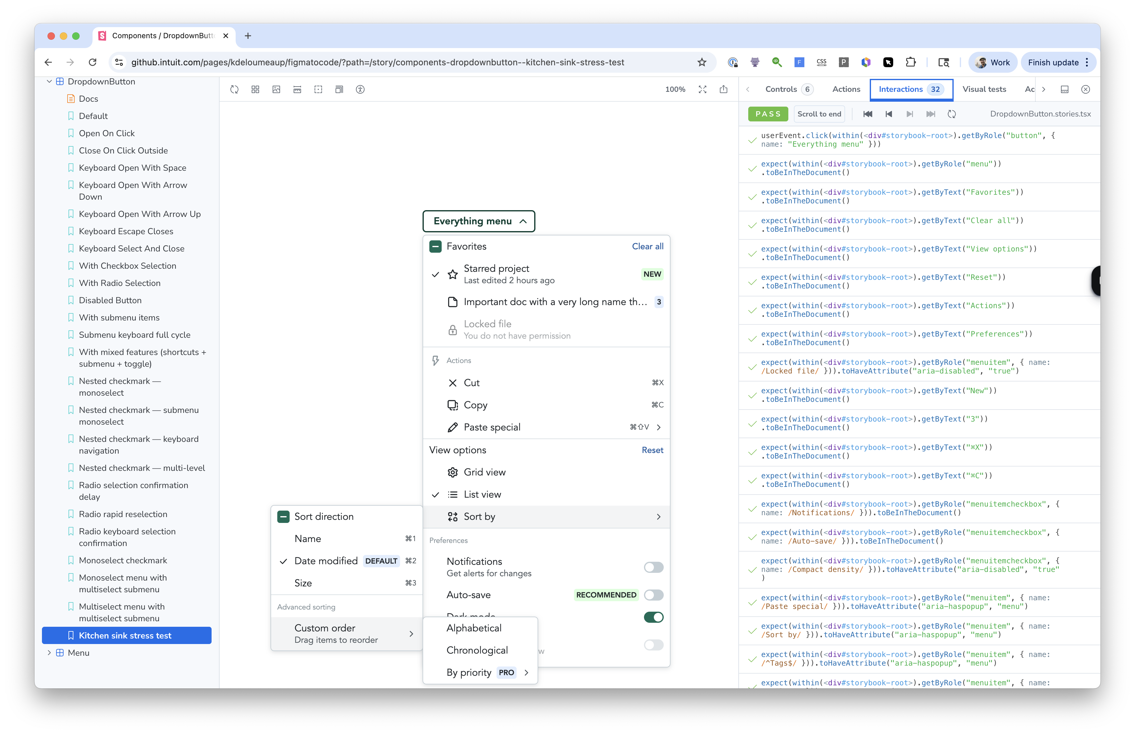 Storybook showing the generated Menu component: 40+ stories in the sidebar, the rendered &ldquo;Everything menu&rdquo; variant with nested submenus, and passing interaction tests in the panel.